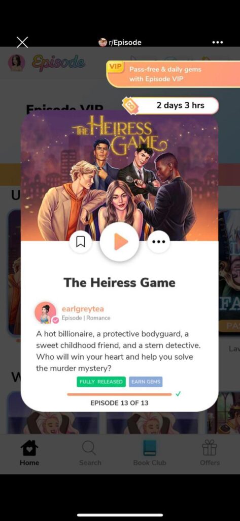 An animated girl with four men around her on the app, Episode, with the story summary of a Heiress Game in front of her