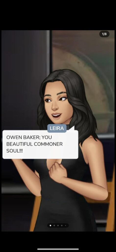 an animated woman in the episode app blesses her stars for meeting a nice baker