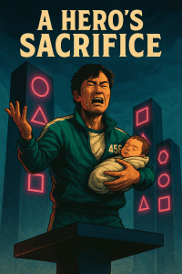 Gi-hun stands on a pedestal, crying out in anguish while holding a swaddled baby. He wears a green tracksuit marked 456. Neon pink Squid Game symbols glow ominously in the background towers.