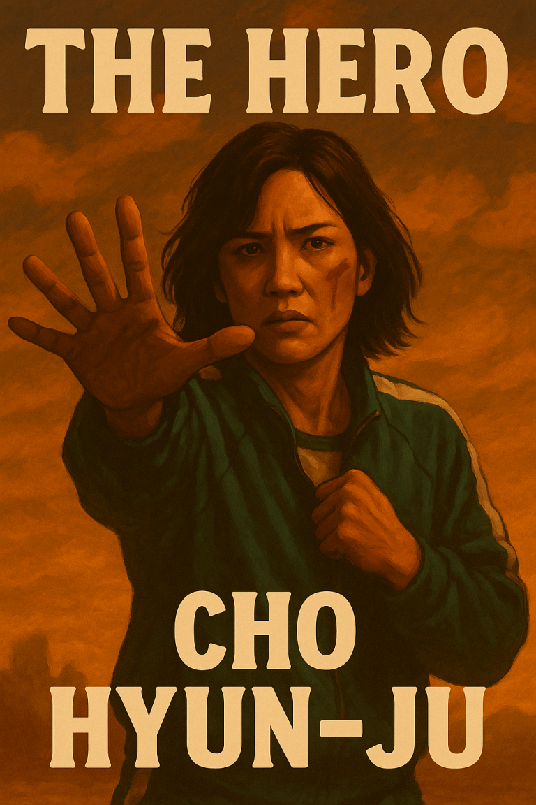 Illustration of Cho Hyun-Ju with a determined expression and outstretched hand, titled "The Hero" from Squid Game Season 3