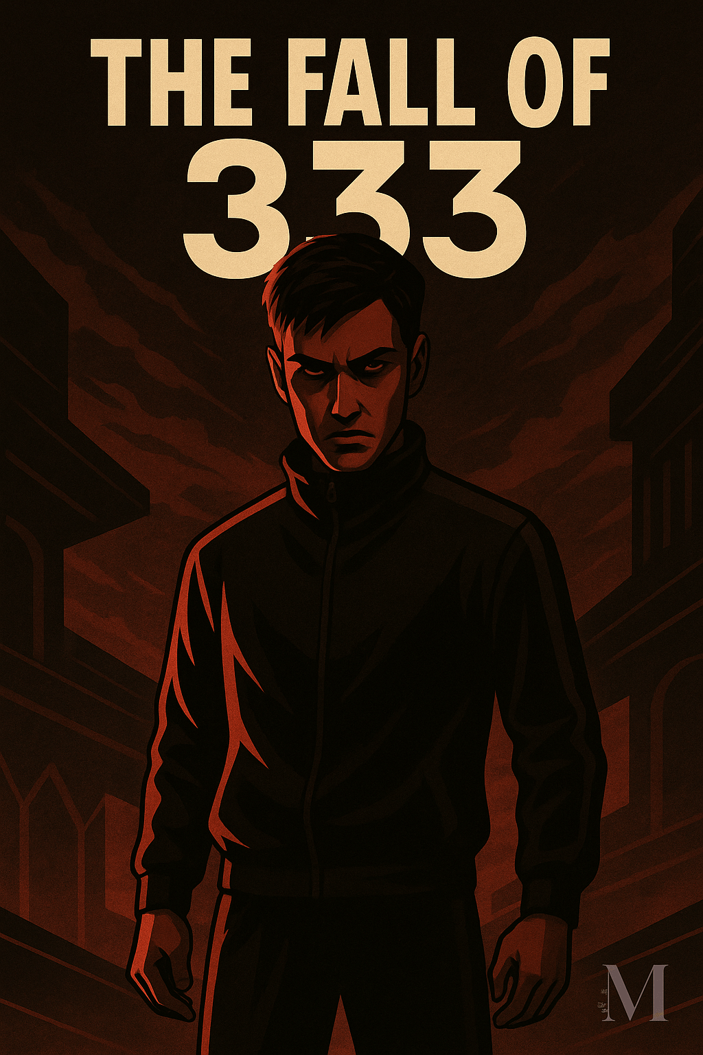 Dark, moody illustration of Player 333 from Squid Game Season 3 in black sportswear, scowling in red lighting