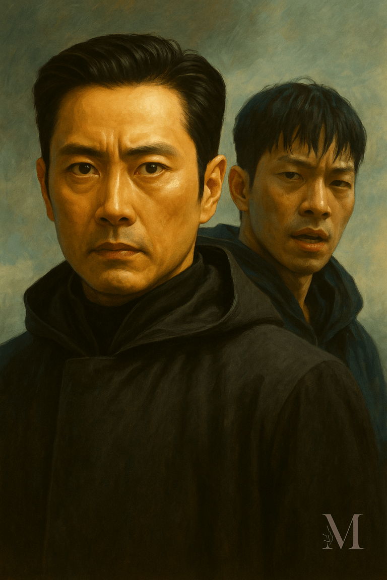 A hyperrealistic digital painting of two men in dark cloaks. One stands in the foreground looking stoic and intense. The other is slightly behind, appearing concerned. They’re set against a cloudy, painted sky.