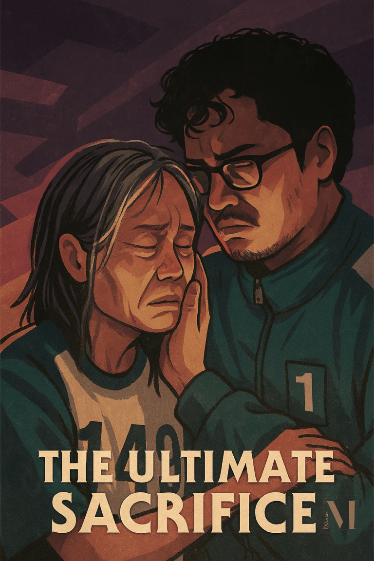 A stylised illustration of two Squid Game players. Player 240, an elderly woman, closes her eyes with a calm expression. Player 199, a man with glasses, gently cups her face, holding back tears. They wear teal tracksuits.