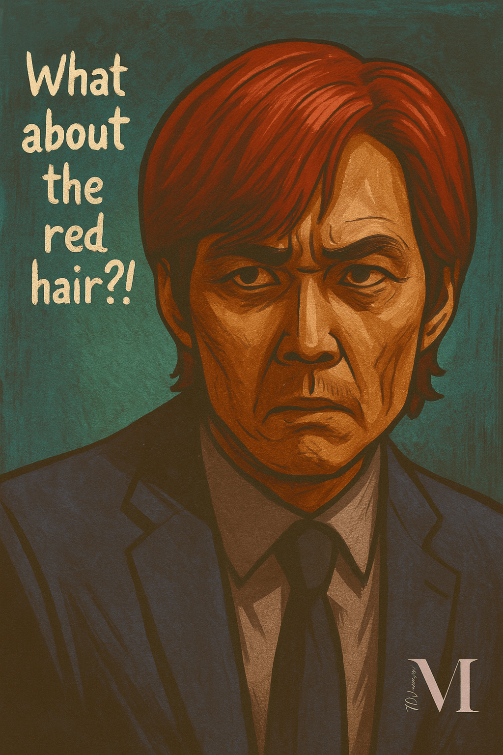 Illustration of Seong Gi-hun with striking red hair and a serious expression from Squid Game Season 3, wearing a navy blue suit.