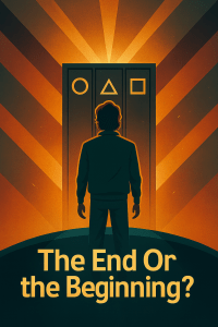 Stylised illustration of a player facing elevator doors with Squid Game symbols, bathed in dramatic orange light