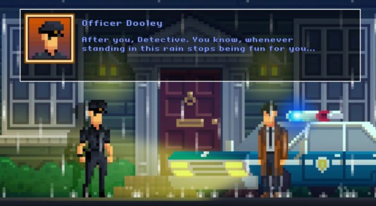 Pixel art of Officer Dooley and Detective McQueen standing in the rain beside a police car
