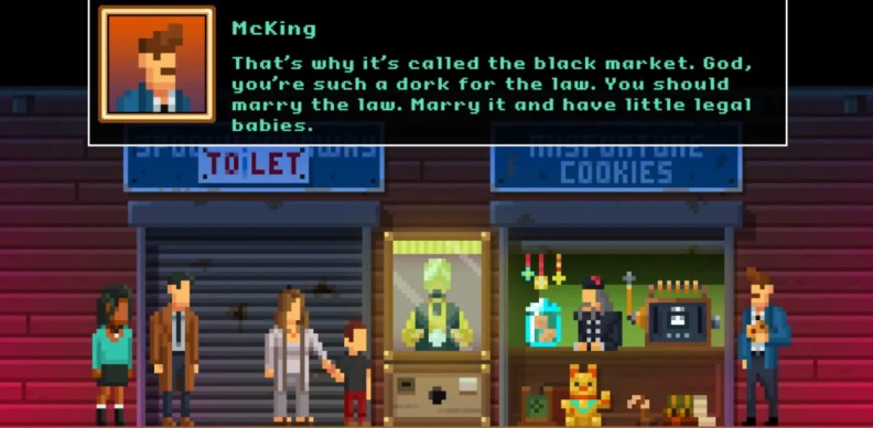Pixel art conversation with McKing in front of black market stalls in The Darkside Detective
