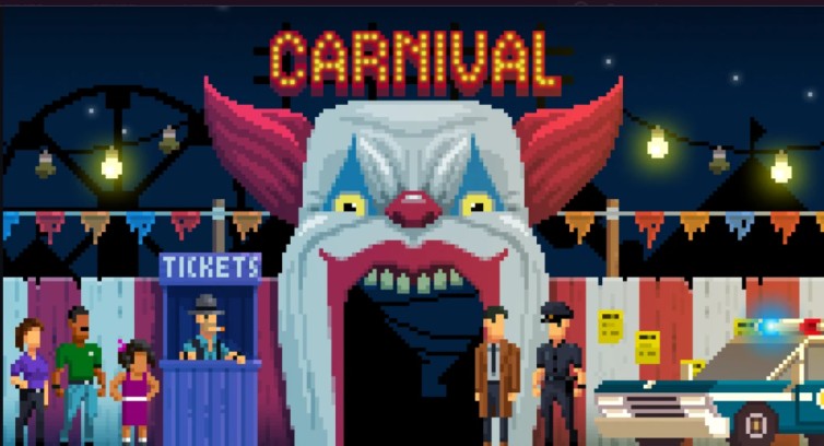 Pixel art of carnival entrance shaped like a clown from The Darkside Detective