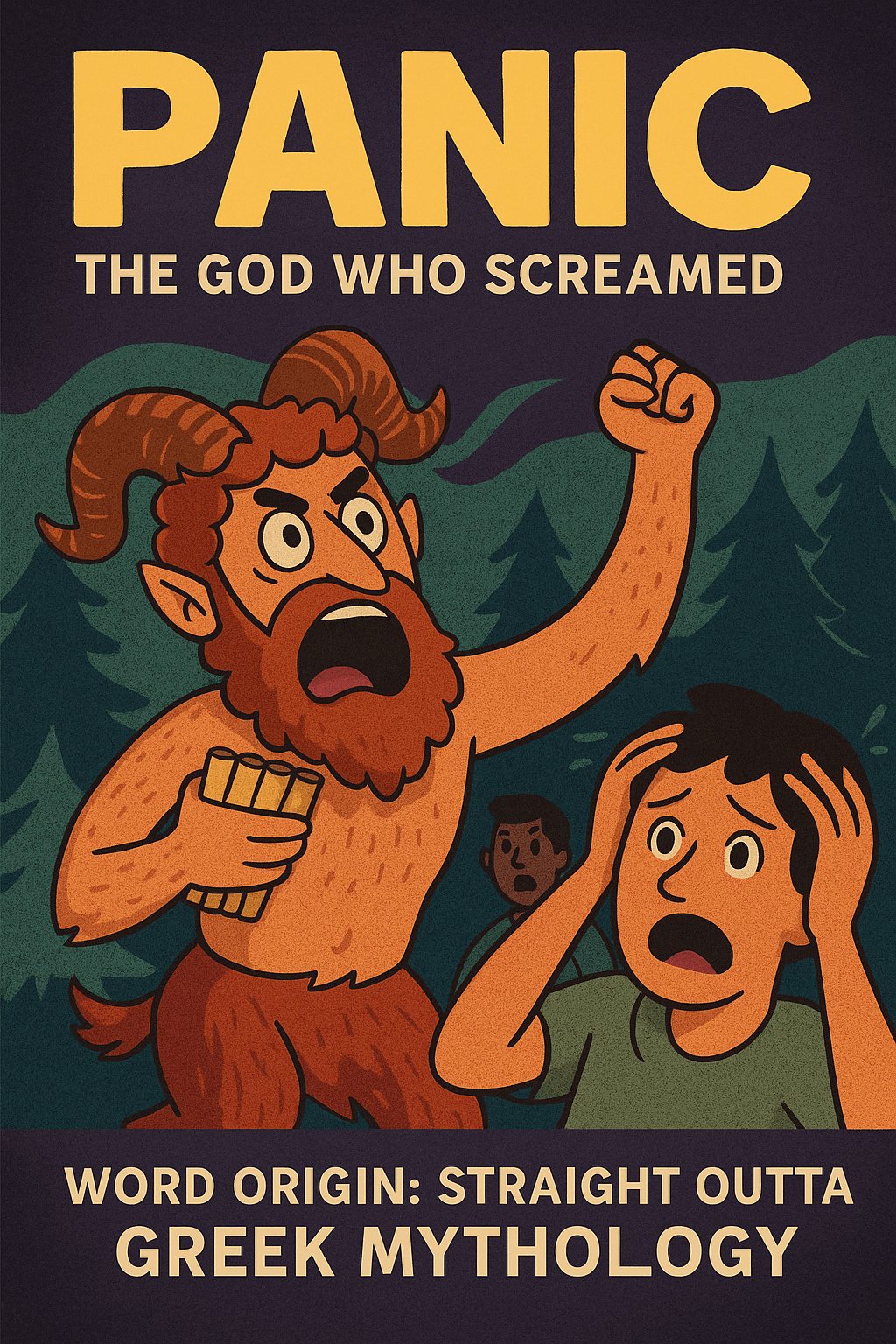 Cartoon illustration of the Greek god Pan screaming and causing fear, representing the mythological origin of the word “panic.”