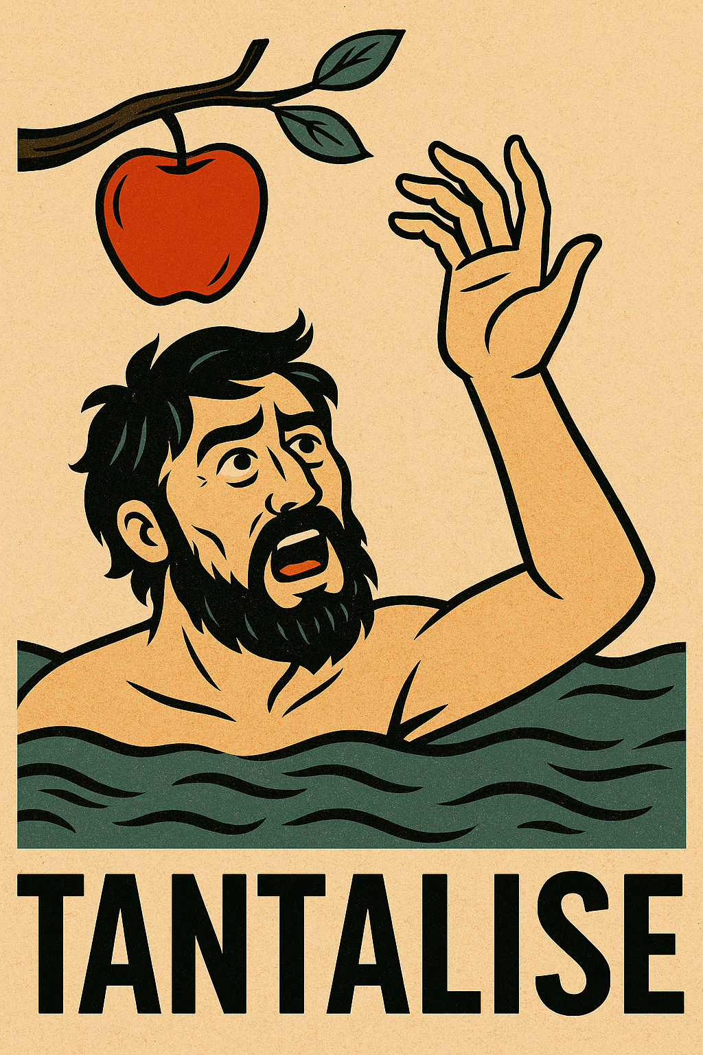 Illustration of the mythological figure Tantalus reaching for a fruit just out of reach, representing the origin of the word “tantalise.”