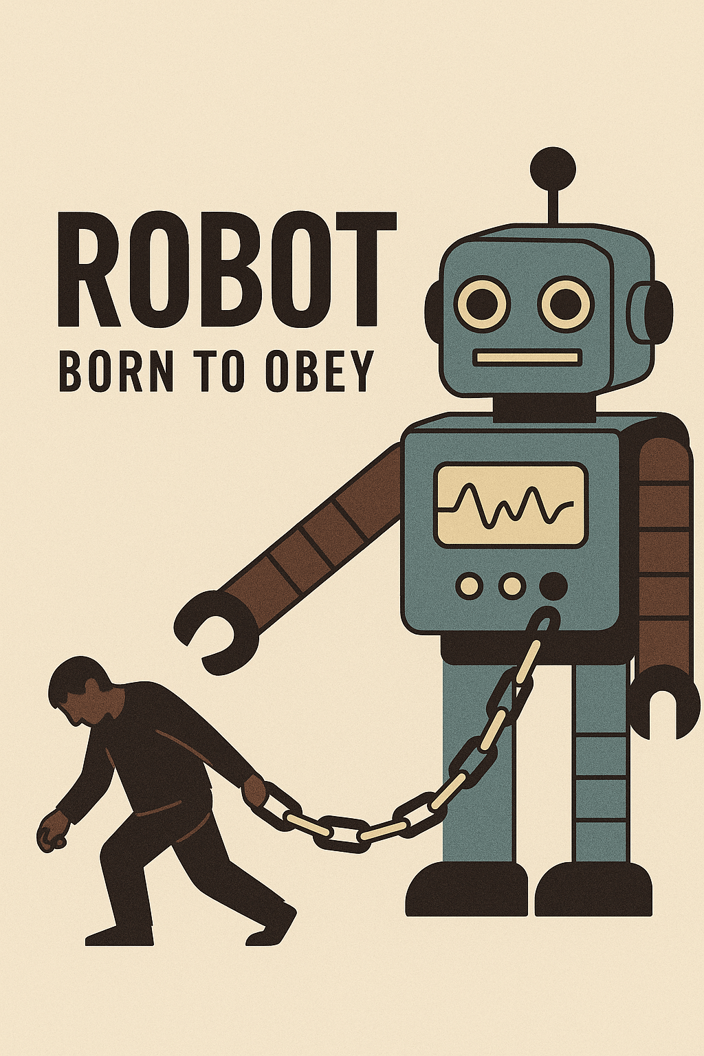 Illustration of a robot holding a human on a chain, symbolising the original meaning of the word “robot” as forced labour or servitude.