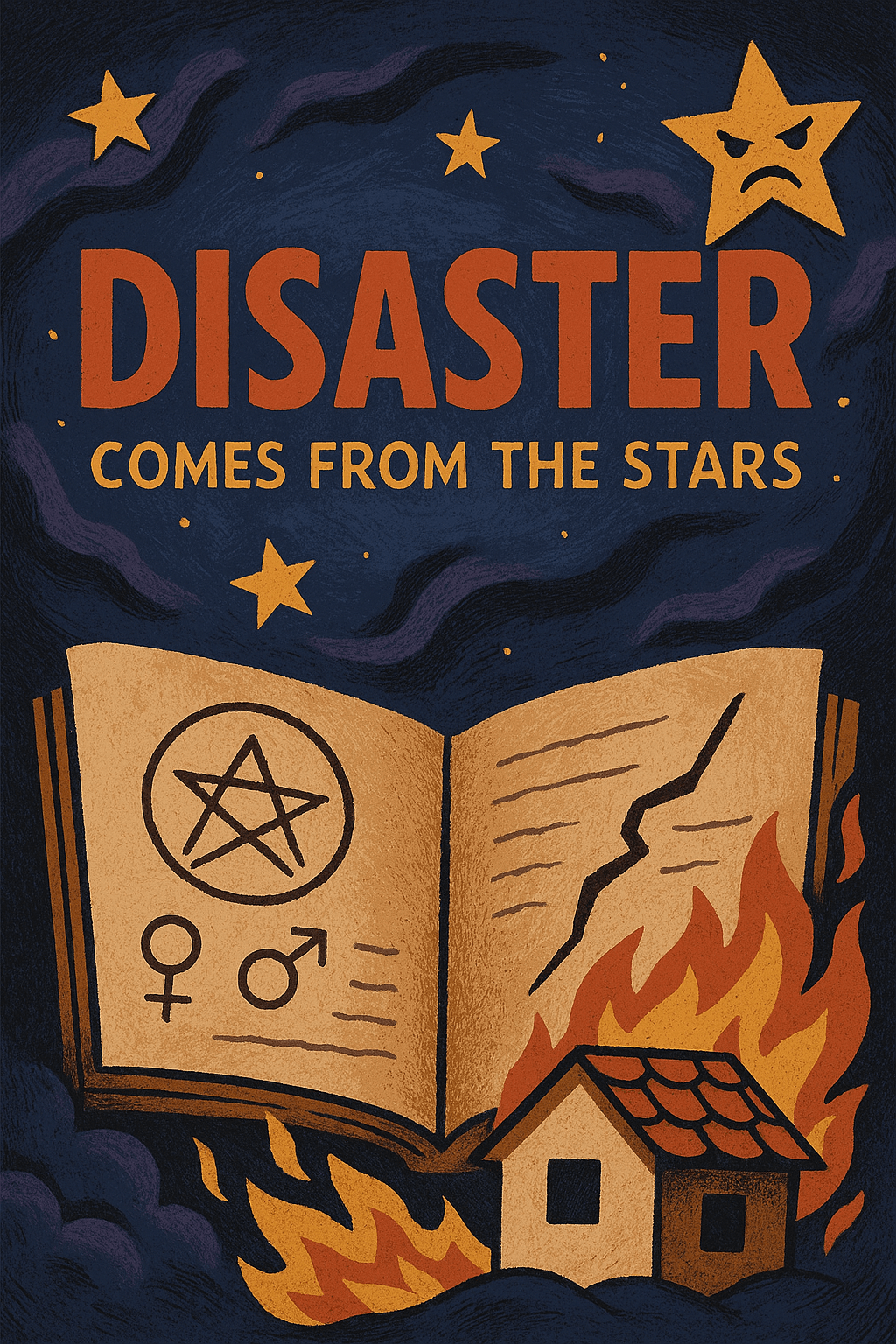 Illustration of an angry star, flaming house, and ancient astrology book showing symbols and a pentagram, representing the origin of the word “disaster.”