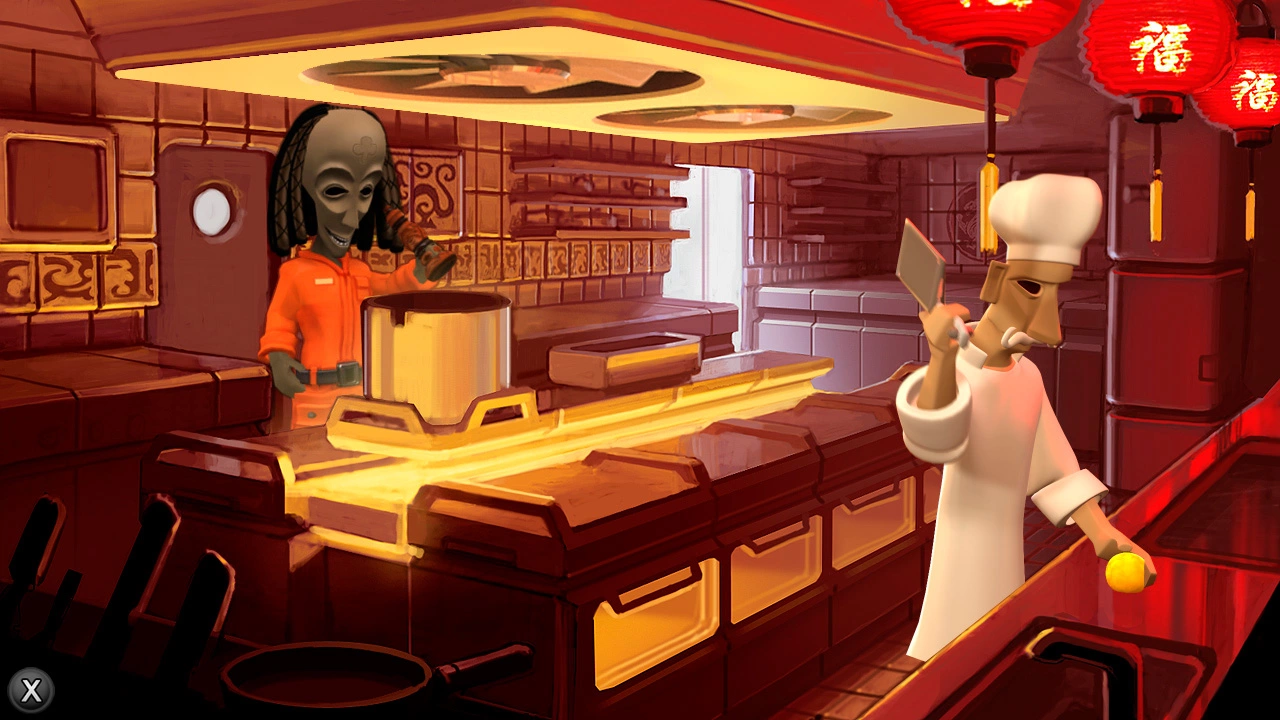 Bwana speaking to a chef in The Journey Down. SkyGoblin / BlitWorks.