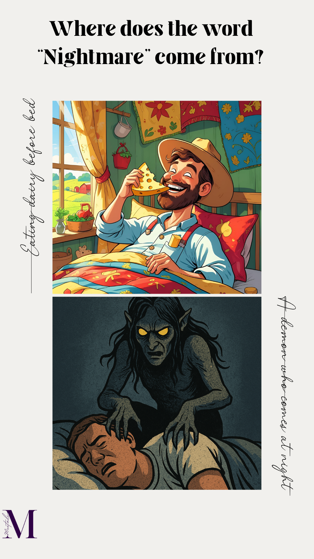 Illustration showing a terrifying demon pressing down on a sleeping man, depicting the historical origin of the word “nightmare.”