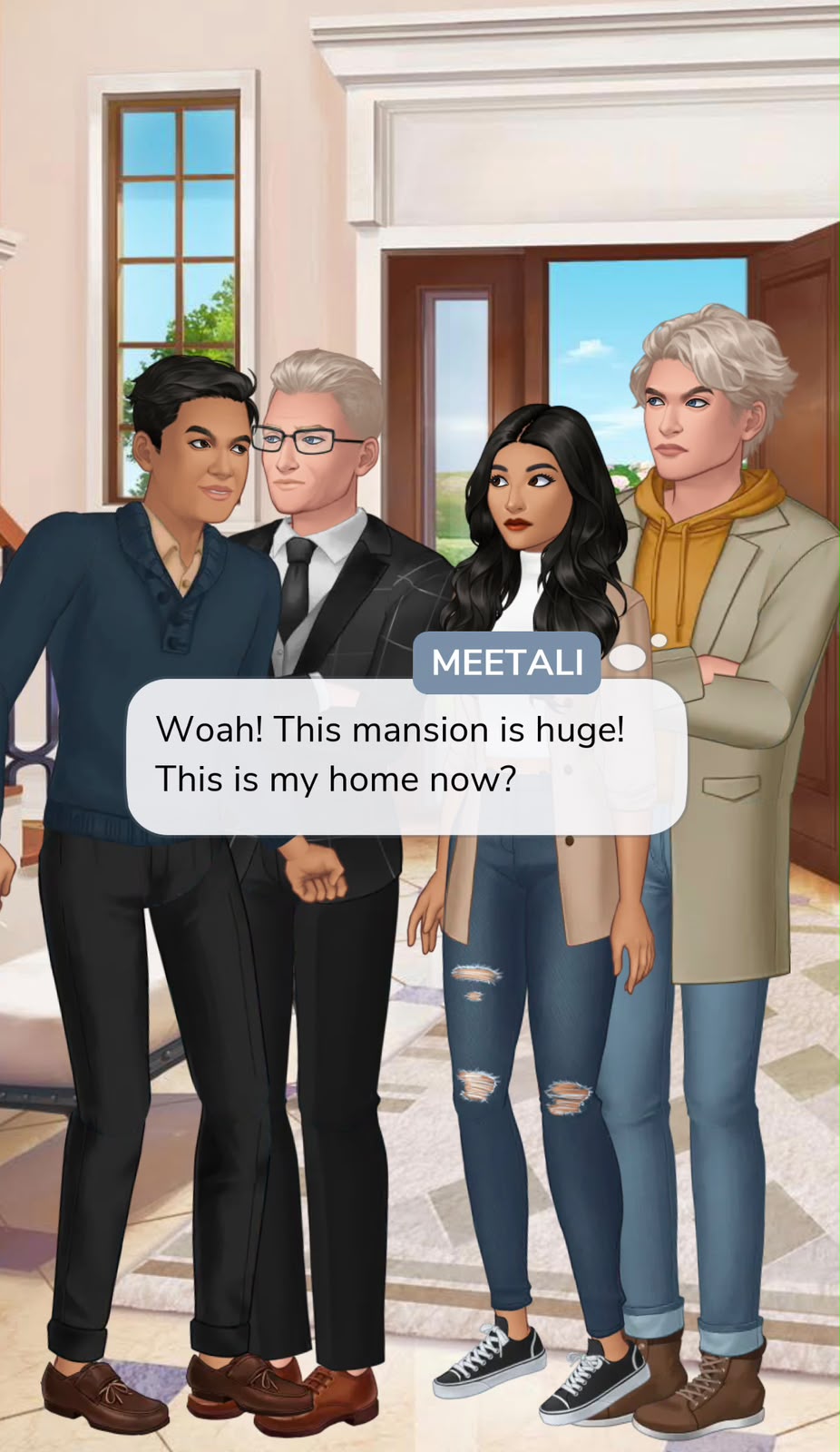 Meetali and three men in a mansion in The Heiress Game on Episode.