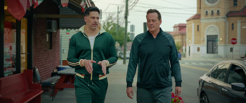 Joe Manganiello as Bruno and Vince Vaughn as Joe Scaravella in Nonnas. Netflix.