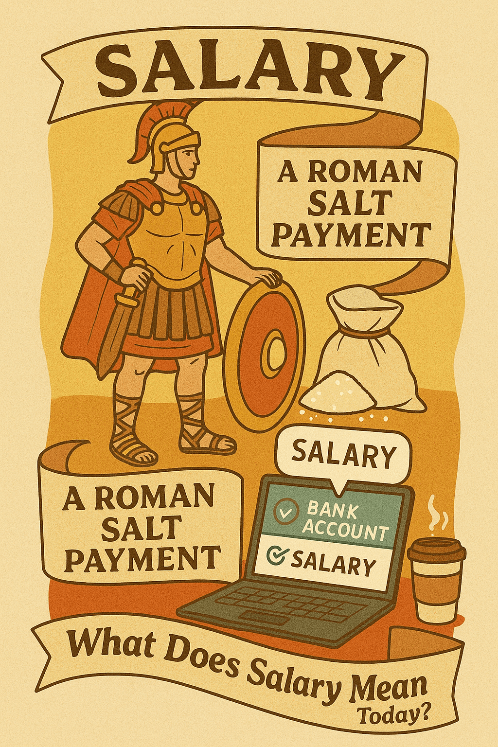 Illustration showing the word origin of "salary" from ancient Roman salt payments to modern bank transfers.