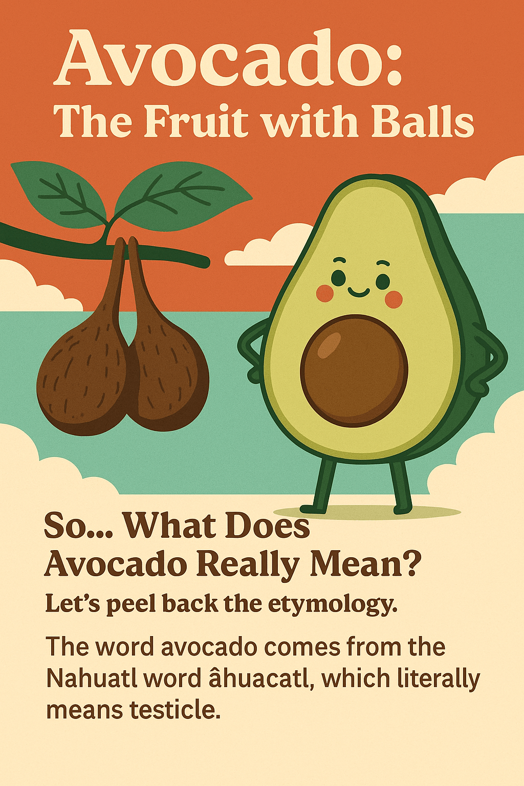 Funny illustration showing the origin of the word “avocado,” which comes from the Nahuatl word for testicle.